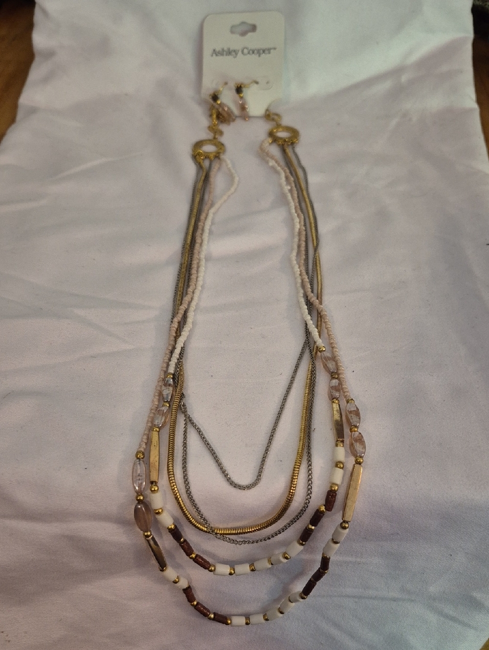 Ashley Cooper Multi-Strand Beige & Gold Layered Necklace With Earrings